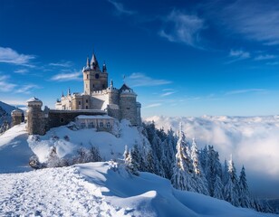 Fototapeta premium a stunning castle sits atop a snow covered mountain surrounded by fluffy white clouds the bright blue sky enhances the magical atmosphere of this remote location