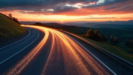 Stunning sunset over a winding mountain road. Light trails from moving cars create a vibrant and dynamic scene.