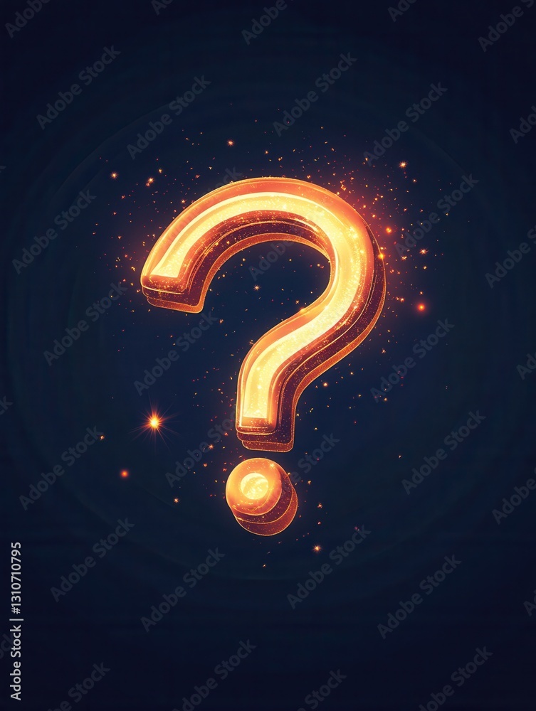 Poster minimalist icon of glowing question mark with light bursts in modern flat style against dark backgro