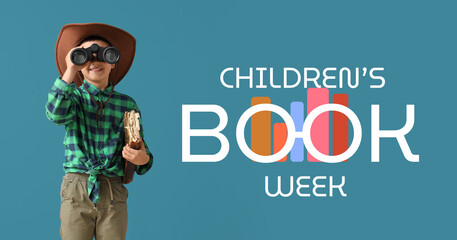 Cute little cowboy with book looking through binoculars on blue background