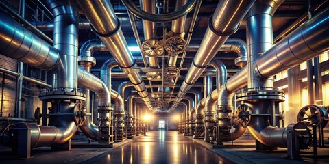 Obraz premium Industrial facility showcasing a complex network of polished metallic pipes and valves, illuminated by warm ambient lighting within a spacious interior