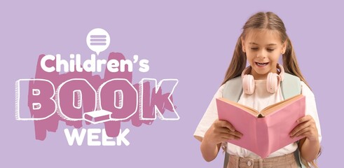 Cute schoolgirl reading book on lilac background. Children's Book Week