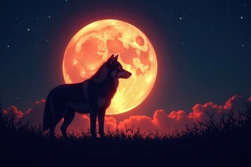 Obraz premium Silhouette of a wolf against a full moon background, wildlife, animals