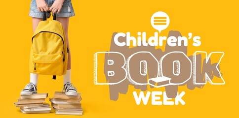 Girl with backpack standing on books against yellow background. Children's Book Week