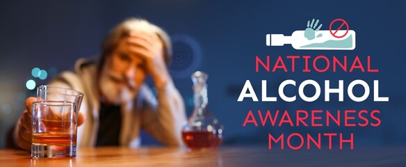 Senior man with glass of whiskey at home. Banner for National Alcohol Awareness Month