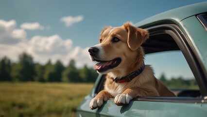 A happy puppy on the car window during a summer vacation, created by AI mid-trip