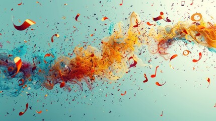 Colorful musical notes and confetti in motion against a light teal background