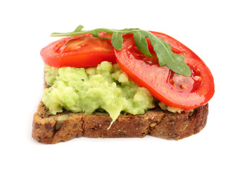 Tasty avocado toast with tomatoes on white background