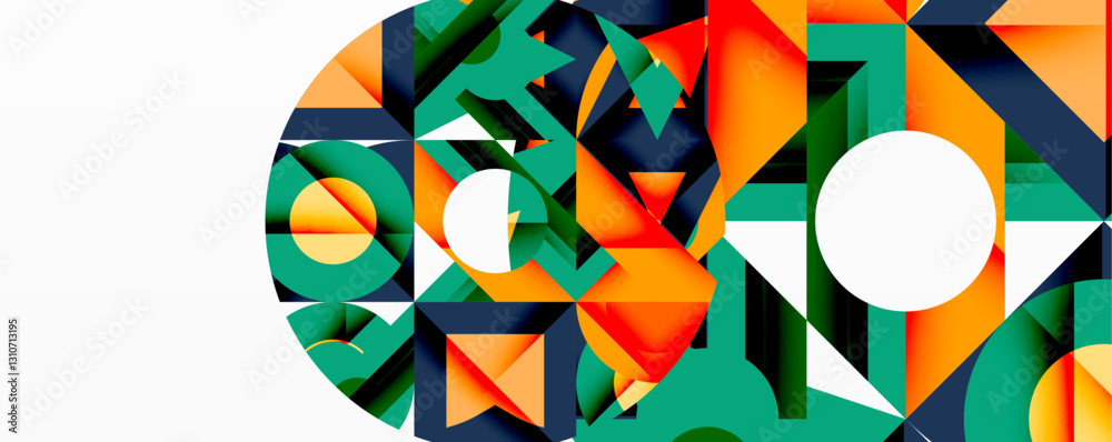 Poster Circles, semi circles, squares and round triangles. Geometric mosaic style pattern abstract background for wallpaper, banner, backdrop, card, book Illustration, landing page