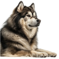Obraz premium Majestic Siberian Husky Dog Lying Down in Profile with Fluffy Fur and Intense Eyes against a White Background