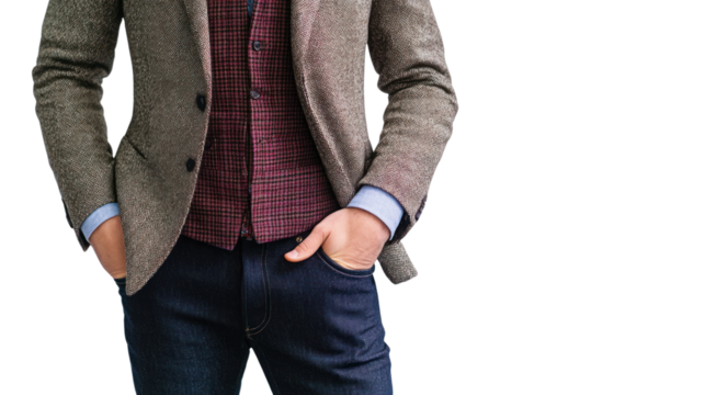 Stylish man in tailored blazer and plaid vest, posing confidently with hands in pockets, isolated on a white background.