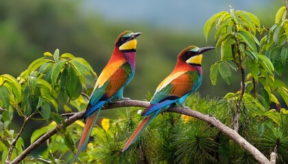Obraz premium two colorful birds perched on a branch surrounded by lush foliage