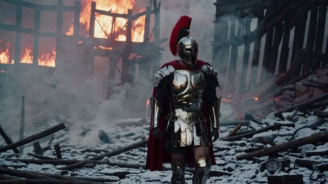 A low-angle video shot of a Roman soldier in armor walking through a burning, ruined cityscape, conveying a dramatic and cinematic atmosphere.