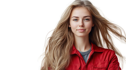 Naklejka premium Confident young woman with long hair wearing a red jacket, smiling against a white background.