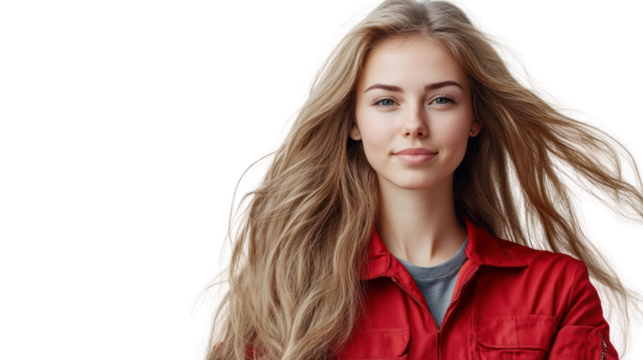 Confident young woman with long hair wearing a red jacket, smiling against a white background. - Powered by Adobe