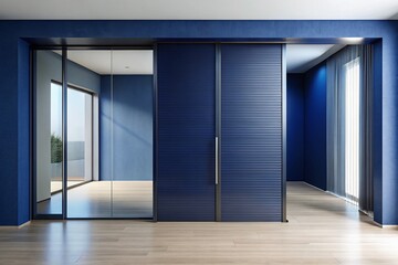 Modern Navy Blue Aluminum Sliding Door with Horizontal Line Design - Interior Architecture Stock Photo