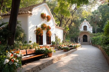 Naklejka premium A dreamy watercolor scene of Park GÃ¼ell, with colorful mosaics blending into lush greenery and soft pastel hues capturing the essence of Barcelona