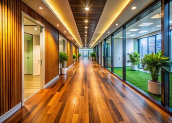 Fototapeta premium Modern Office Hallway, Wooden Floors, Large Windows, Sunlight, Architecture