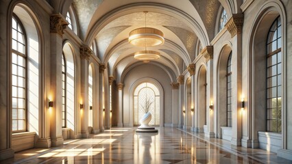 Fototapeta premium Sunlit Grandeur An Elegant Marble Hallway with Ornate Architectural Details and Subtle Lighting