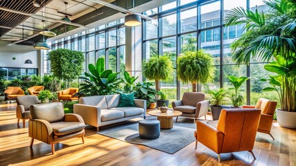 Fototapeta premium Modern Office Relaxation: Lush Greenery & Comfortable Chairs - Stock Photo