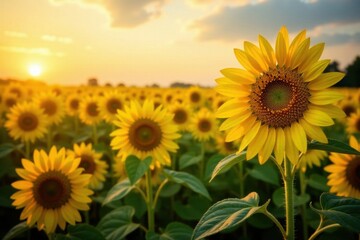 Fototapeta premium Softly glowing sunflower fields, fuzzy, pink, gradient