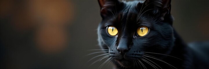 Close-up of a sleek black cat with piercing yellow eyes, black, eyes, pet
