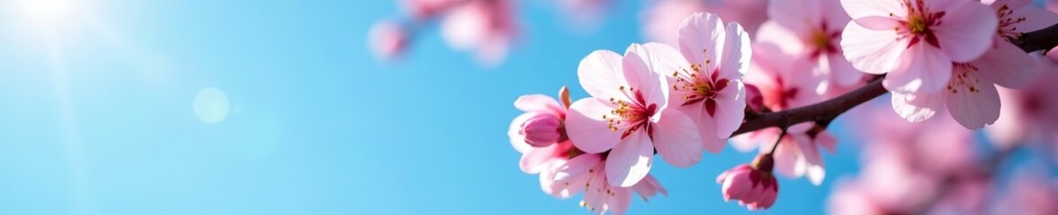 Fototapeta premium Close-up of cherry blossom tree branches against blue sky, trees, vibrant, springtime