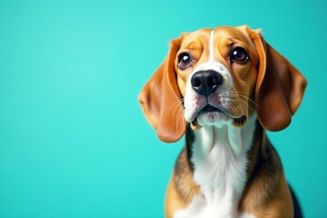 Close-up of adorable beagle dog standing on turquoise background, standing, beagle, close-up