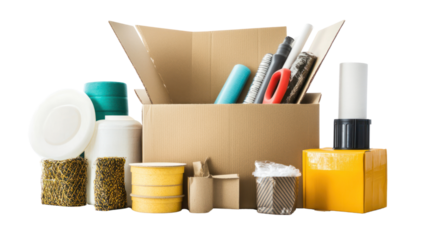 A collection of various packaging materials and tools arranged with a cardboard box.