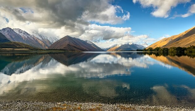lake pearson reflecting surrounding mountains and cloudy sky in canterbury new zealand