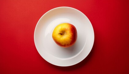 red yellow apple on a white plate against the red background square image