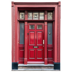 Obraz premium Vibrant Red Door with Decorative Glass Panels and Detailed Woodwork in a Vintage Architectural Style