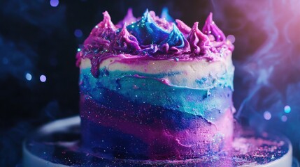 A fantasy-inspired cake with galaxy-colored frosting, edible glitter, and a glowing background.