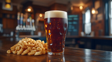 Amber beer in a glass, beside bar snacks