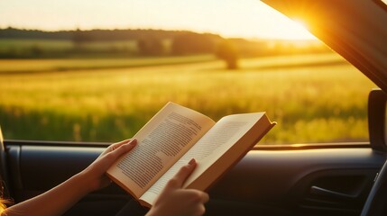 A person reading a book inside a car during a beautiful sunset in a serene landscape.