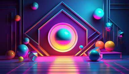 colorful 3d scene with geometric prisms spheres neon lights futuristic design abstract art vibrant composition