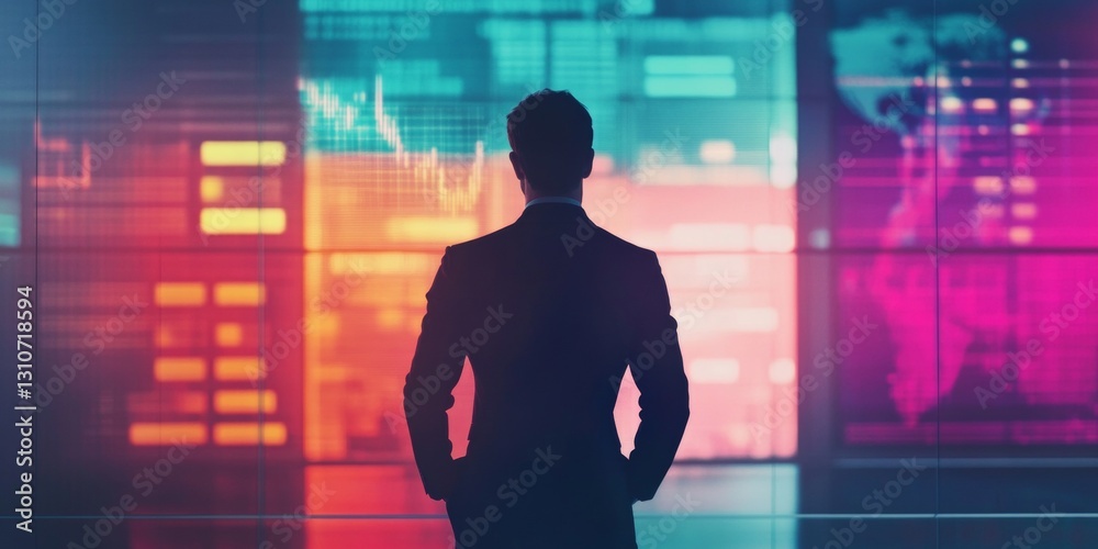 Poster a man in a suit is looking at a computer screen with a lot of numbers and graphs