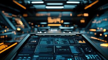 Obraz premium A futuristic control room with a high-tech interface displaying data, illuminated by ambient lighting, suggesting advanced technology and exploration.