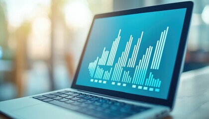 A laptop displays a dynamic graph with rising data trends, symbolizing analytics, growth, and progress in a modern workspace.