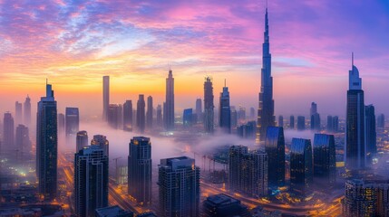 Naklejka premium City Skyline at Dawn with Soft Morning Light