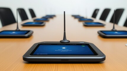 A modern conference room featuring sleek tablets on a long wooden table, designed for efficient meetings and communication.