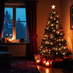 Stock photo of a Christmas tree in a dark room lit only by candles or fairy lights, christmas tree, fairy lights, festive ambiance