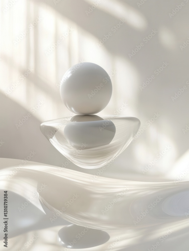 Poster Floating minimalist shapes create a serene, futuristic atmosphere with soft shadows and elegant reflections on a pristine background