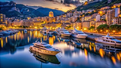 Fototapeta premium Monaco Harbor at Dusk: Luxury Yachts & Low Light Reflections