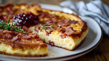 Thick Baked Pancake with Bacon and Berries Served on a Wooden Table with Textile Napkin