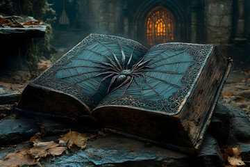 Ancient book with spider in mystical forest, open book, gothic architecture background, fantasy
