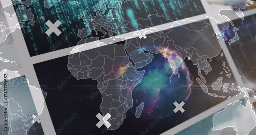Poster overlaying digital data and colorful patterns, world map animation in school setting