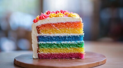 A freshly sliced rainbow cake with vibrant layers, smooth buttercream frosting, and a soft blur background.29