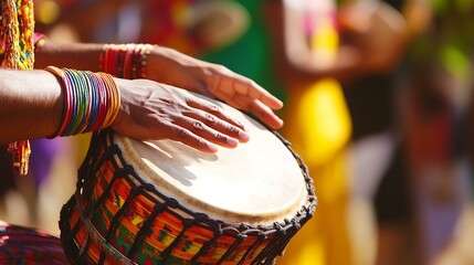 A vibrant scene of hands playing a colorful drum at a cultural celebration.