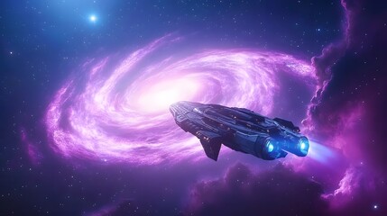 Fototapeta premium Pixel Art Spaceship in Purple Galaxy Nebula